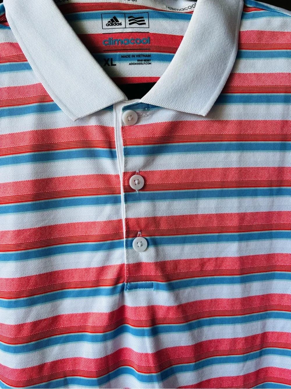 adidas Men's Striped Polo in Coral, White & Light Blue